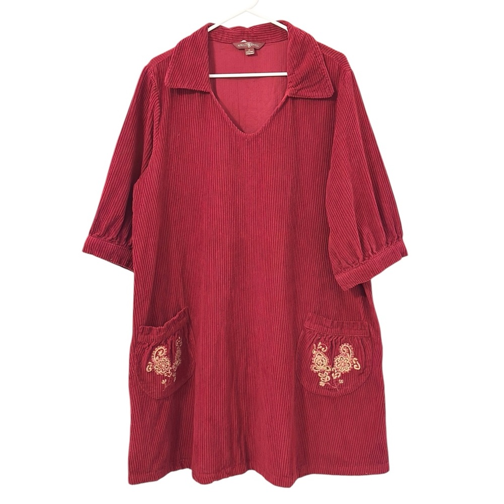 EUC Vintage April Cornell Red Corduroy Dress with Embroidered Pockets Size XL - Picture 3 of 9